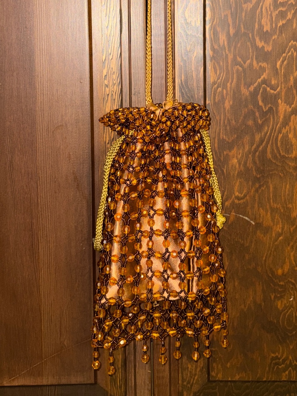 VTG 70s Amber Acrylic Bead Cage Drawstring Pouch Purse Brown Satin Boho Disco